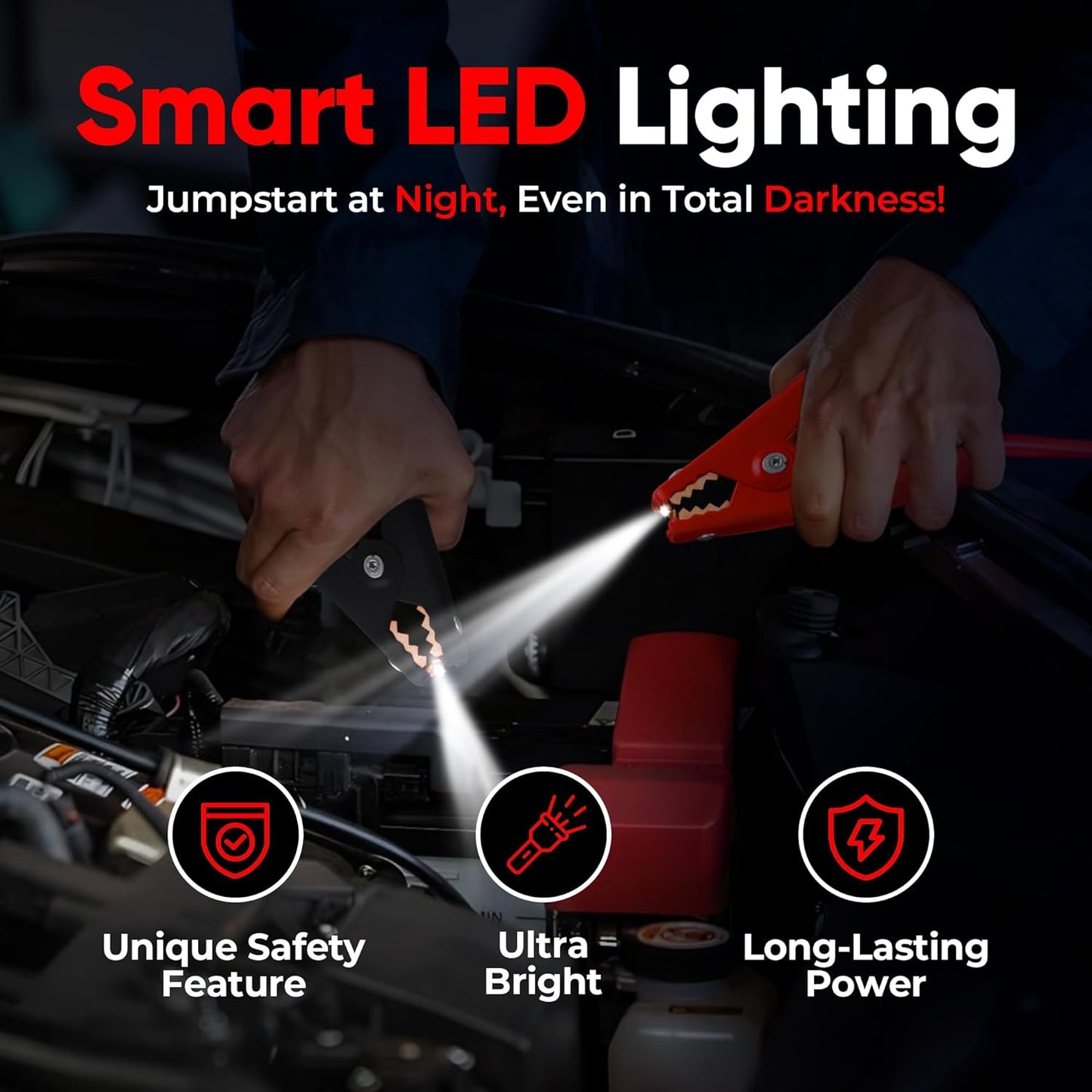 Illumi Heavy Duty Jumper Cables Kit - 12FT, 6GA Jump Cable for Car, Truck - W/LED Indicators for Night Use, Reverse Polarity Protection, Copper Wire - Traditional Front-to-Front Design