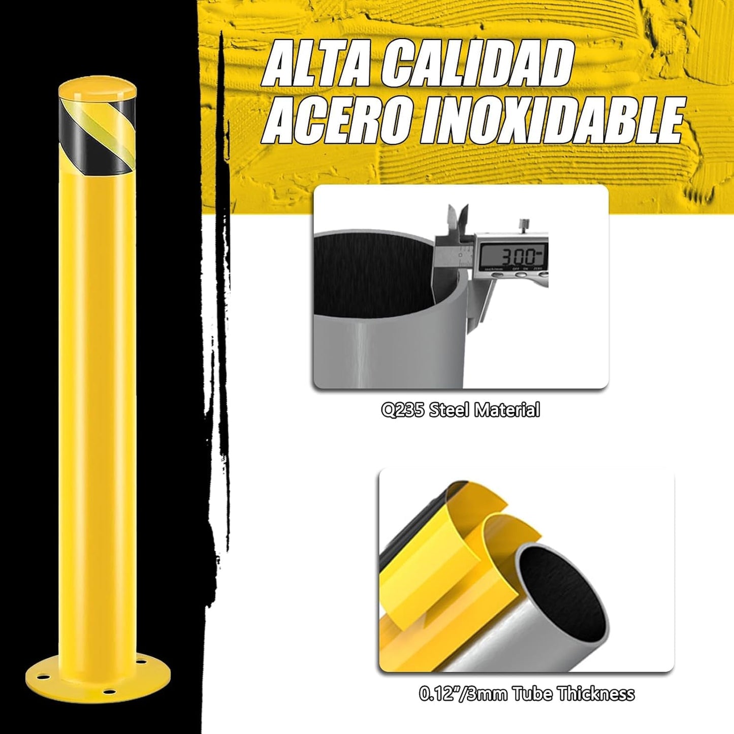 Safety Bollard Post, 36" H Steel Bollards,3.5" D Parking Bollard, Yellow Powder Coated Safety Parking Barrier Post, for Traffic Sensitive Areas (3, 36" H*3.5" D)