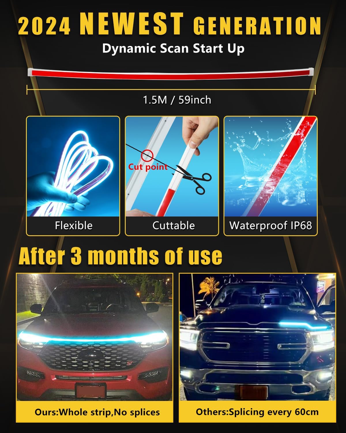 YM E-Bright Led Hood Light Strip Exterior Car Led Strip Light Waterproof Flexible DRL Dynamic Scan Start Up Hoodbeam Kit Daytime Running Lights for Car,Truck,SUV,12V 59inch,Ice Blue,1 Set