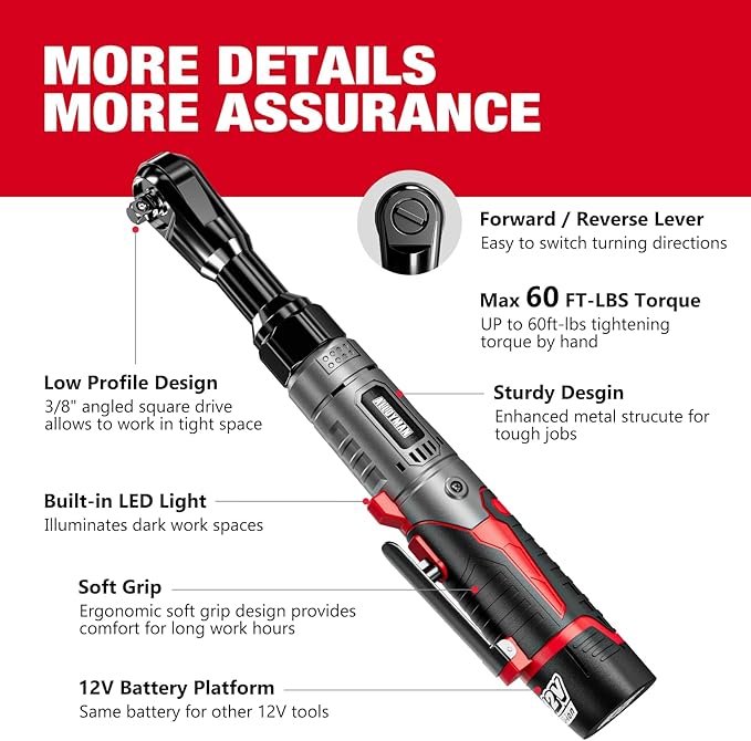 Alloyman 3/8" Cordless Ratchet Wrench Set, 60FT-LBS(80N.m) Electric Ratchet, 12V Extended Power Socket Wrench Set with Variable Speed, 6 Sockets, LED Light, 1/4" Adapter,1/2" Adapter,2 Batteries