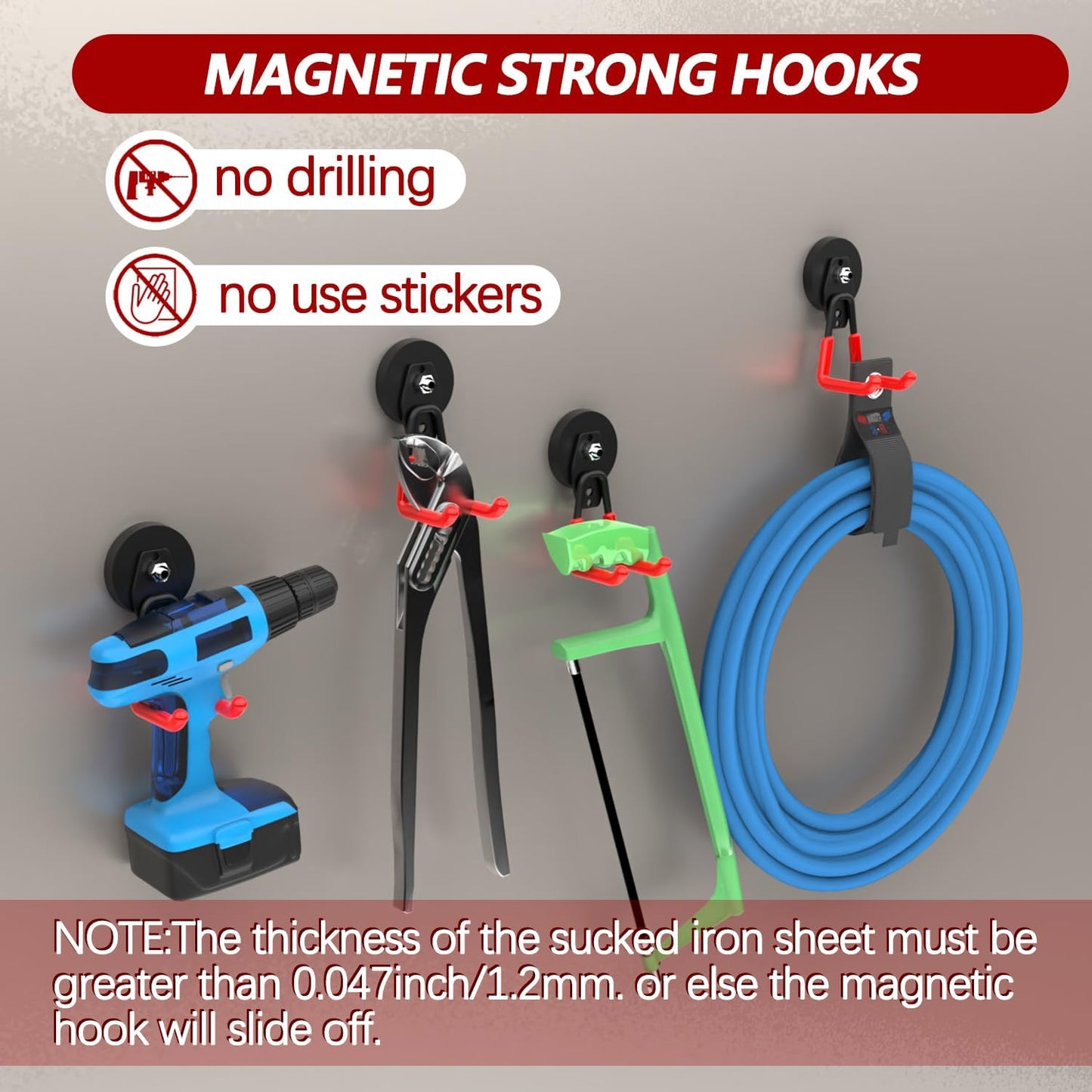 3-H Heavy Duty Magnet Garage Hooks 4 Pack, Large Strong Magnetic Hooks for Hanging Cordless Power Drill, Utility Magnetic Tool Holder for Metal Cabinet, Steel Pegboard, Toolbox, Garage(Red)