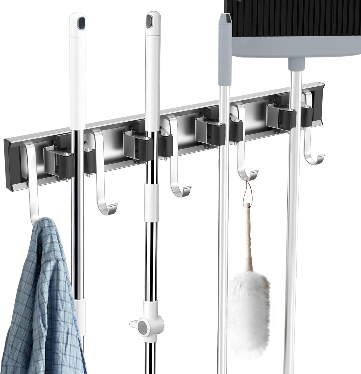 Broom Holder Wall Mount, 4 Star Roller Clips & 5 Extra Long Hooks, Thickened Backboard, Heavy Duty 55lbs Garden Tool Organizer for Mop, Rake, Shovel Storage