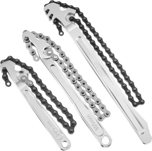 Lasnten 3 Pcs Large Reversible Chain Oil Filter Wrench with 12 16 9 Inch Chain Wrench Adjustable Heavy Duty Carbon Steel Sturdy Pipe Fitting Tool Spanner for Ratcheting Universal(Silver)