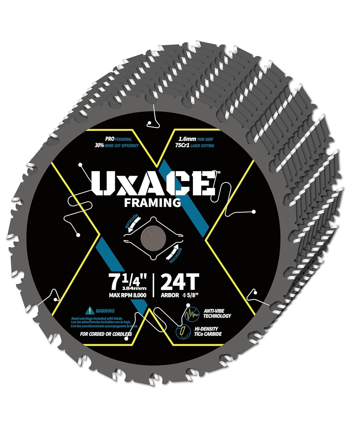 7-1/4-Inch 24-Tooth Circular Saw Blade with 5/8-Inch Arbor, Framing Wood Cutting, Carbide Tip, Thin Kerf, for Plywood, MDF, OSB, Laminated, 10 Pack