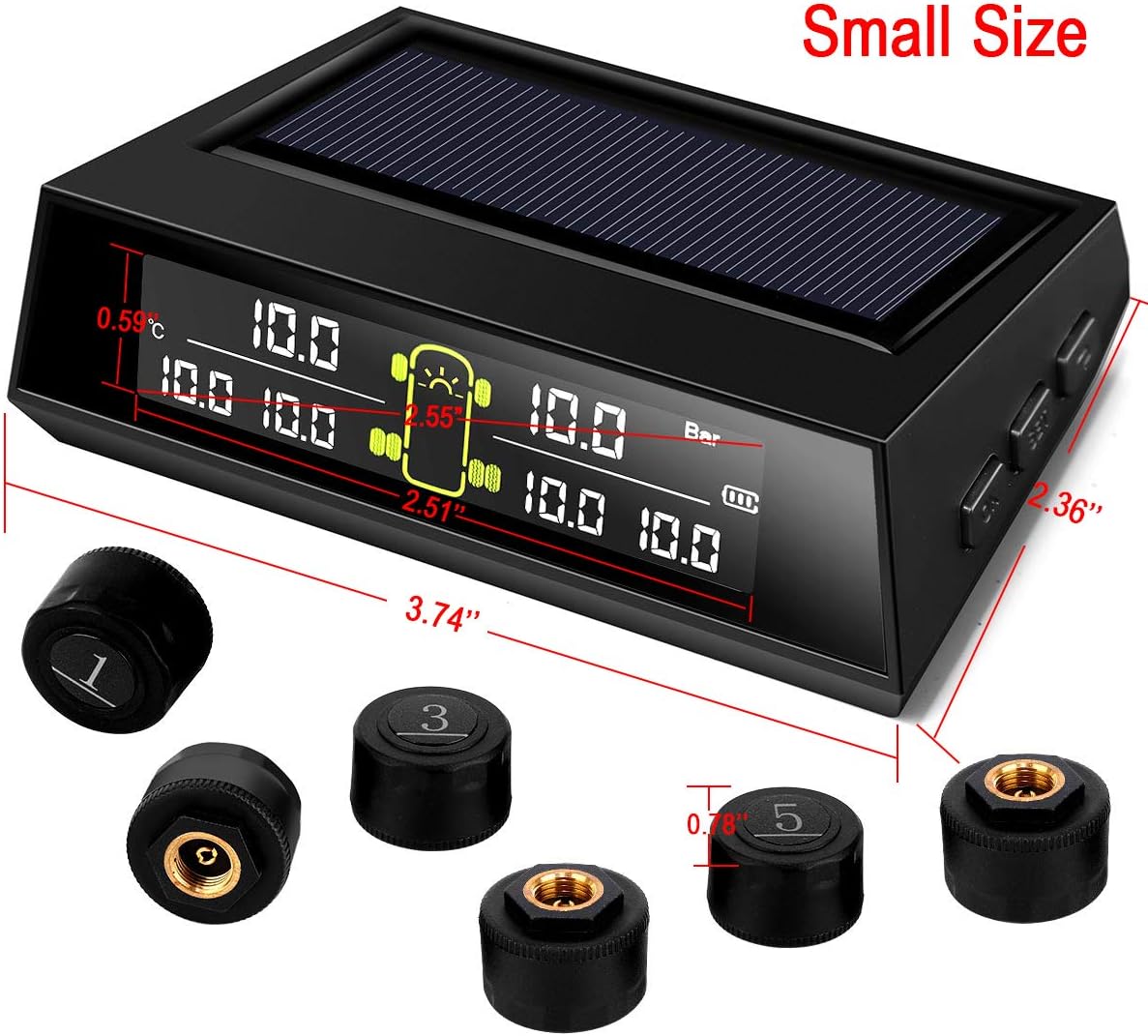 RV TPMS Tire Pressure Monitoring System, TS200 Solar Wireless TPMS with 6 Tire External Sensors Digital LCD Display RV Auto Security Alarm for Car RV Trailer Truck Tow Motorhome