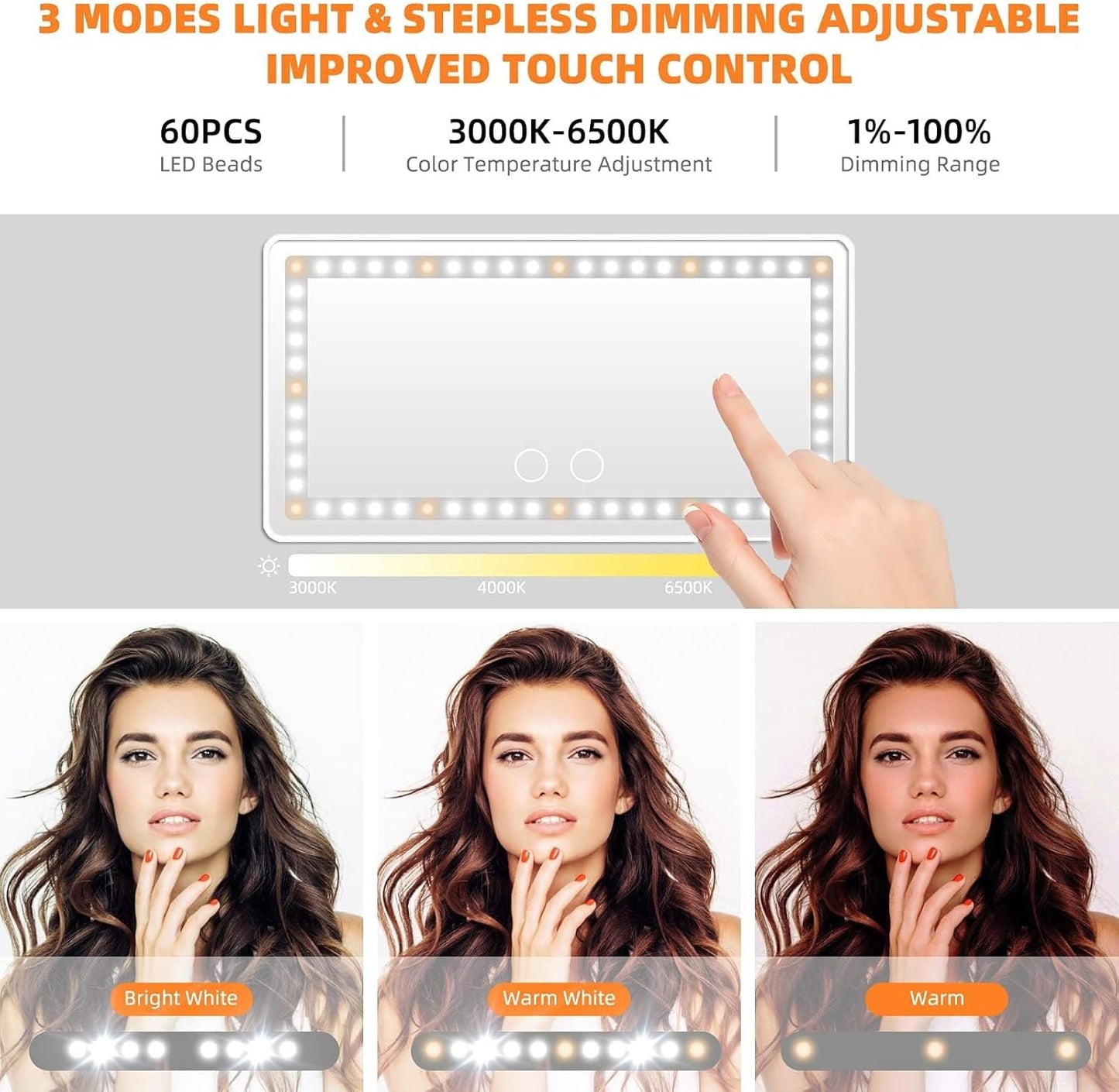 Car Sun Visor Vanity Mirror, with 3 Light Modes & 60 LEDs - Rechargeable Dimmable Clip-on Rear View Sun-Shading Cosmetic Makeup Mirror, Universal for Car SUV(Pure White)