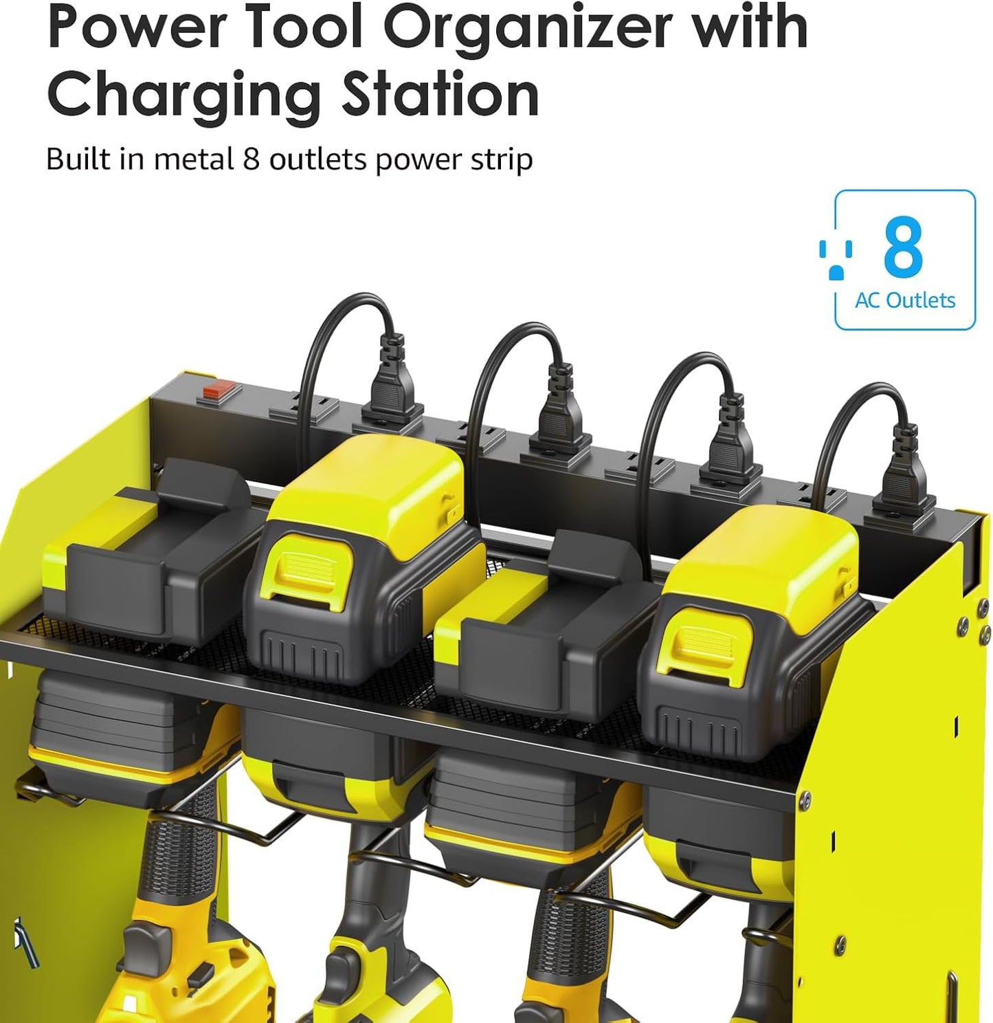 CCCEI Green Large Tools Organizer Wall Mount Charging Station, 39 Inch Long Power Tool Battery Storage Rack with 6FT Power Strip. 8 Drill Holder, Garage Utility Shelves. Pegboard Hanging Extension.