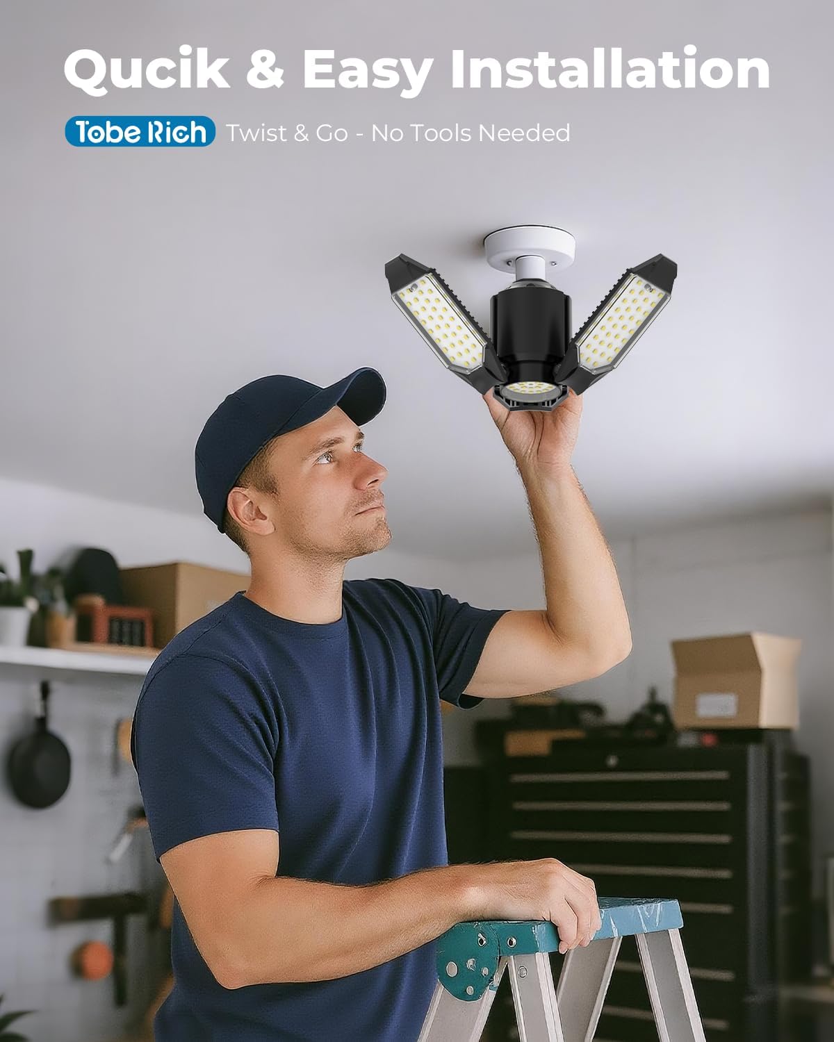 LED Garage Lights 4 Pack, 8000LM Shop Lights with 3+1 Deformable Panels, 6500K Screw in Ceiling Lights for Garage, Workshop, Workbench, Basement