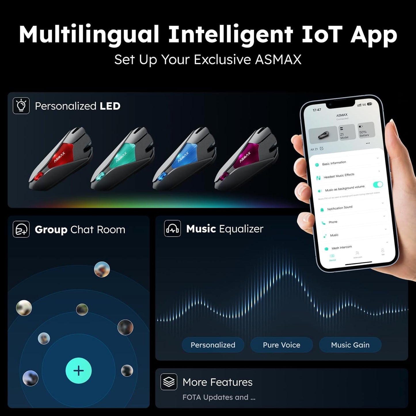 Z1 Motorcycle Intercom - 3-Mode Communication for 10 Riders, Dual-Chip Audio Multitasking, Offline Voice & App Control, Bluetooth Helmet Headset with HiFi Speakers