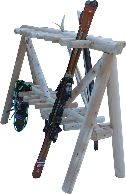 21-Place Freestanding Log Ski Rack Holder, Indoor & Outdoor Snowboard Racks, Standing Storage, Garage Racks for Snow Skis & Poles, Durable Snowboard Rack Garage Storage Organizer - Natural