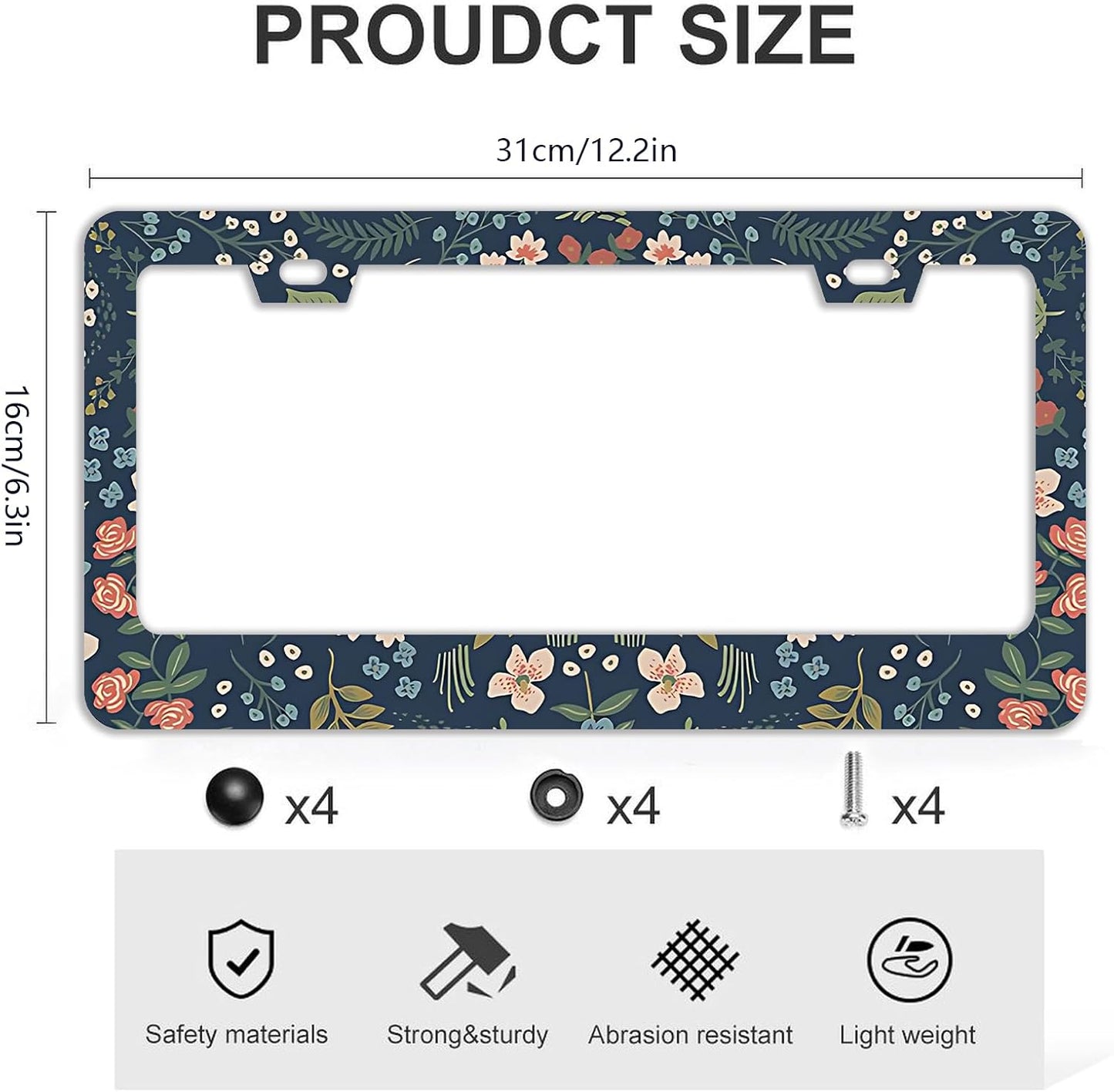 Colorful Floral Flowers License Plate Frames - 2 Pcs Set 2 Holes Stainless Steel Metal Auto Car Accessories Decoration License Plate Frame Cover Size 6.3" x 12.2" Fit US Vehicles for Women Men Gift