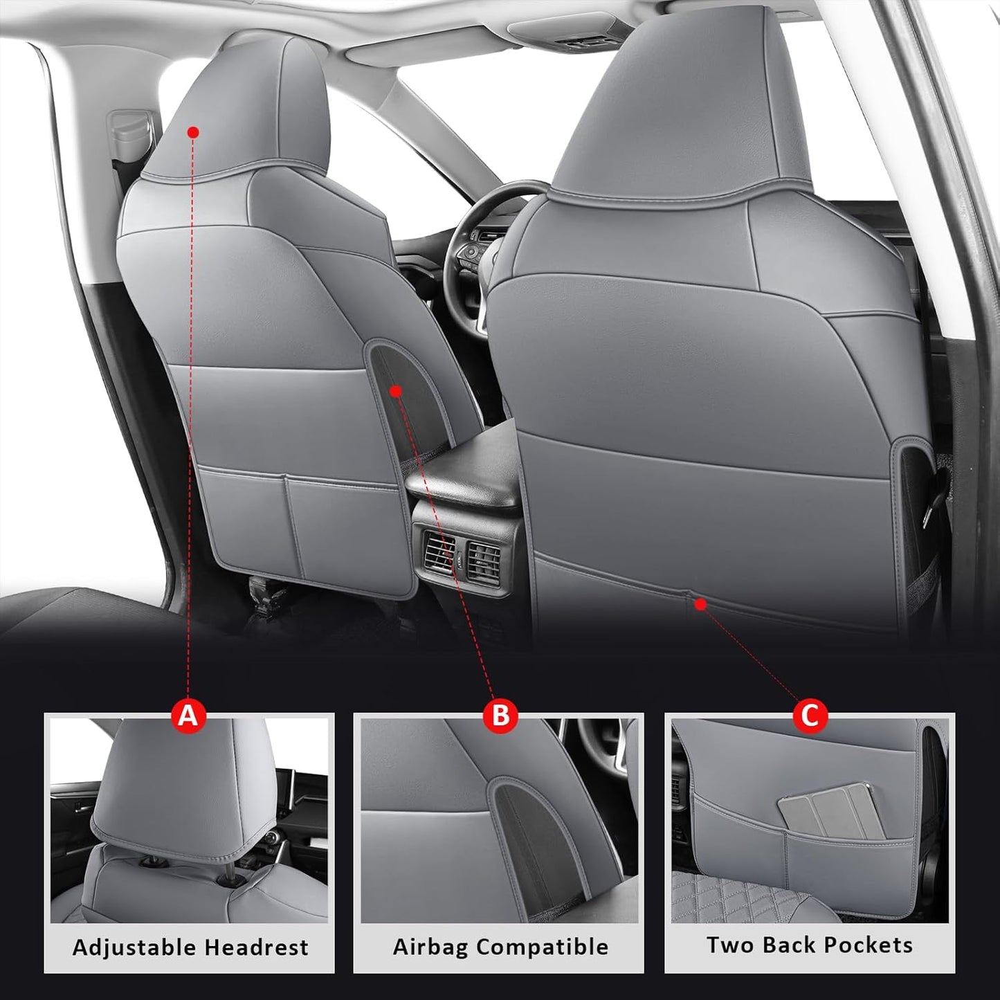MIROZO RAV4 Seat Covers,Faxu Leather Car Seat Covers Non-Hybrid Fits for 2019-2025 Toyota RAV4 LE,XLE,XLE Premium,Limited,SUV Seat Cover,Seat Cushion Full Set (Not for Adv & TRD-Off,Grey)