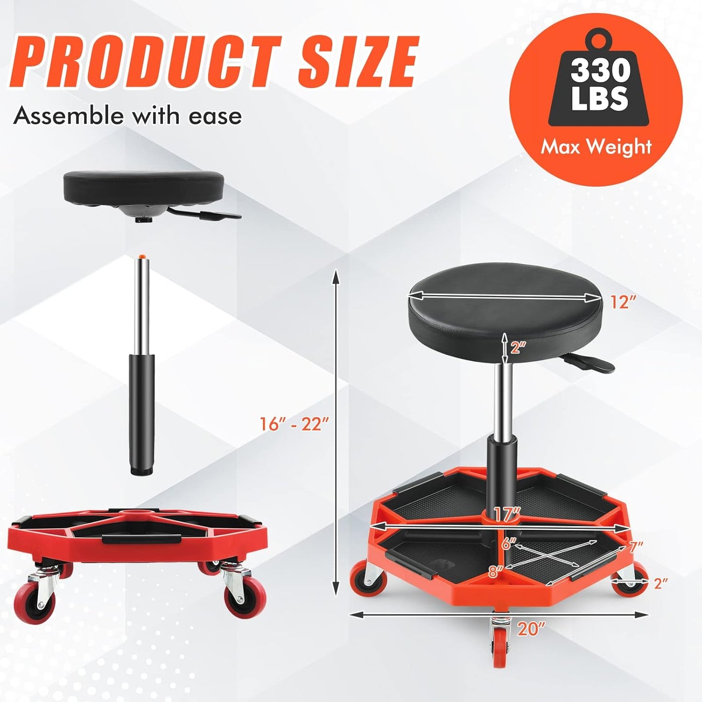 Adjustable Mechanic Rolling Stool, Pneumatic Rolling Stool with Wheels, Tool Storage Tray & Padded Seat Cushion, Garage Stool Chairs Creeper Seat (Red)