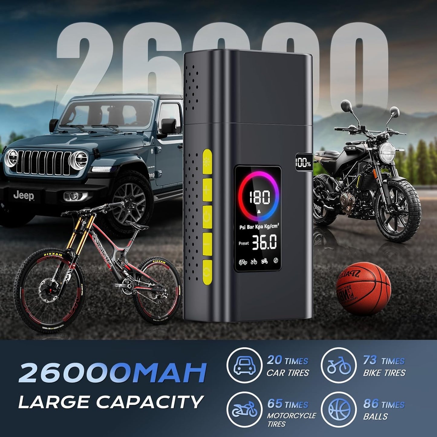 180PSI Tire Inflator Portable Air Compressor, 26000mAh Portable Tire Inflator for Car,5X Fast Electric Bike Air Pump with Digital LCD Pressure Gauge/LED Light/Power Bank, Bike, Motorcycle, Ball