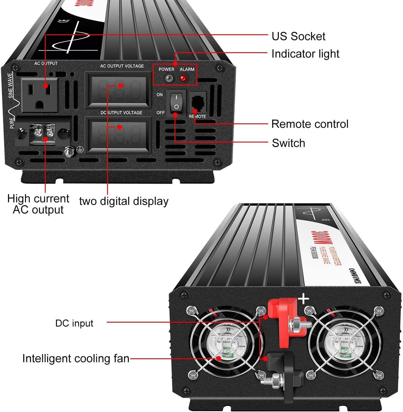Xijia 3000W (Peak Power 6000W) Pure Sine Wave Inverter DC 36V to AC 120V 60HZ Solar Converter for Home Use car (DC36V (Range 30V-45V) 3000W)
