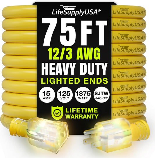 75ft Outdoor/Indoor Extension Cord 12/3 Gauge Extra Heavy Duty 3 Prong SJTW, Waterproof, Flexible Cold-Resistant Long Power Cord,15A 125V 1875W, Yellow by LifeSupplyUSA