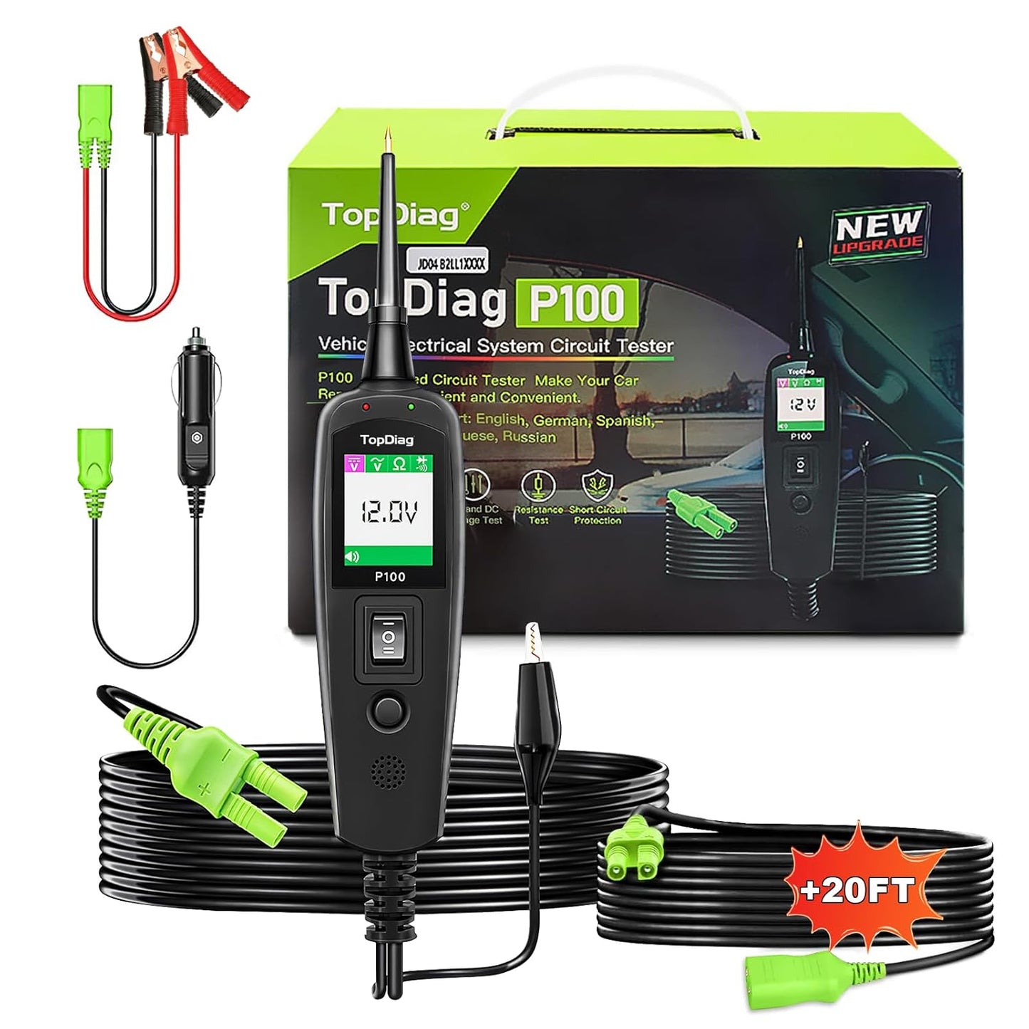 Circuit Tester Automotive, Power Circuit Probe Tester, Test Light Automotive with 40FT Cable, Car Fuse Tester, AC DC 12V 24V Car Diagnostic Tool, P100