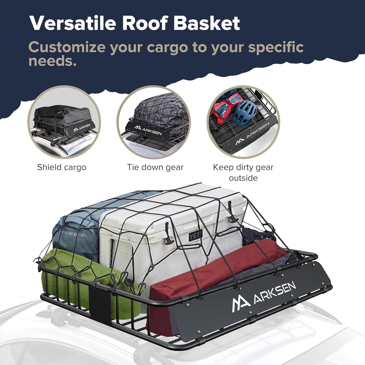 ARKSEN 43 x 50 x 6 Inch Universal Extra Wide 150LB Heavy Duty Roof Rack Cargo with Extension Car Top Luggage Holder Carrier Basket for SUV, Truck, & Car Steel Construction