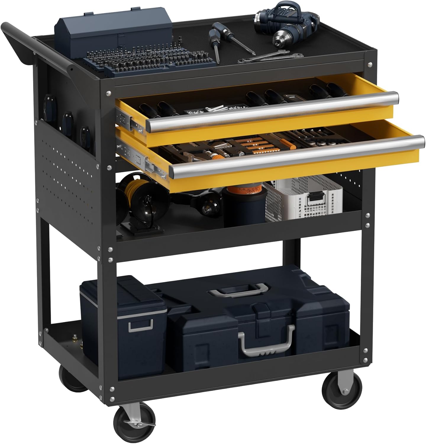 5-Tier Rolling Tool Cart on Wheels, Tool Storage Organizer for Mechanic, Heavy Duty Utility Cart with Drawers, Pegboards, Locking System, Suitable for Garage, Workshop, Warehouse