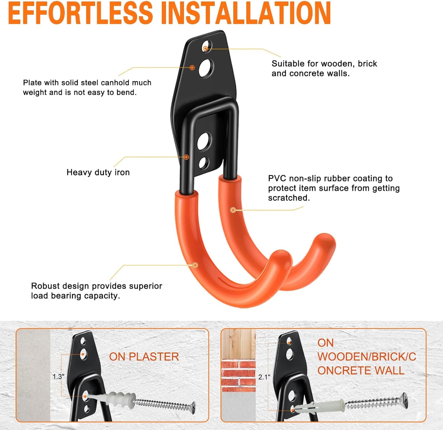 Heavy Duty Garage Hooks 6 Pack, J Shaped Hanger, Wall Mounted Storage System, Power and Garden Tool Organizer, for Hanging Ladders, Bikes Tires, Hose, Bulk Items