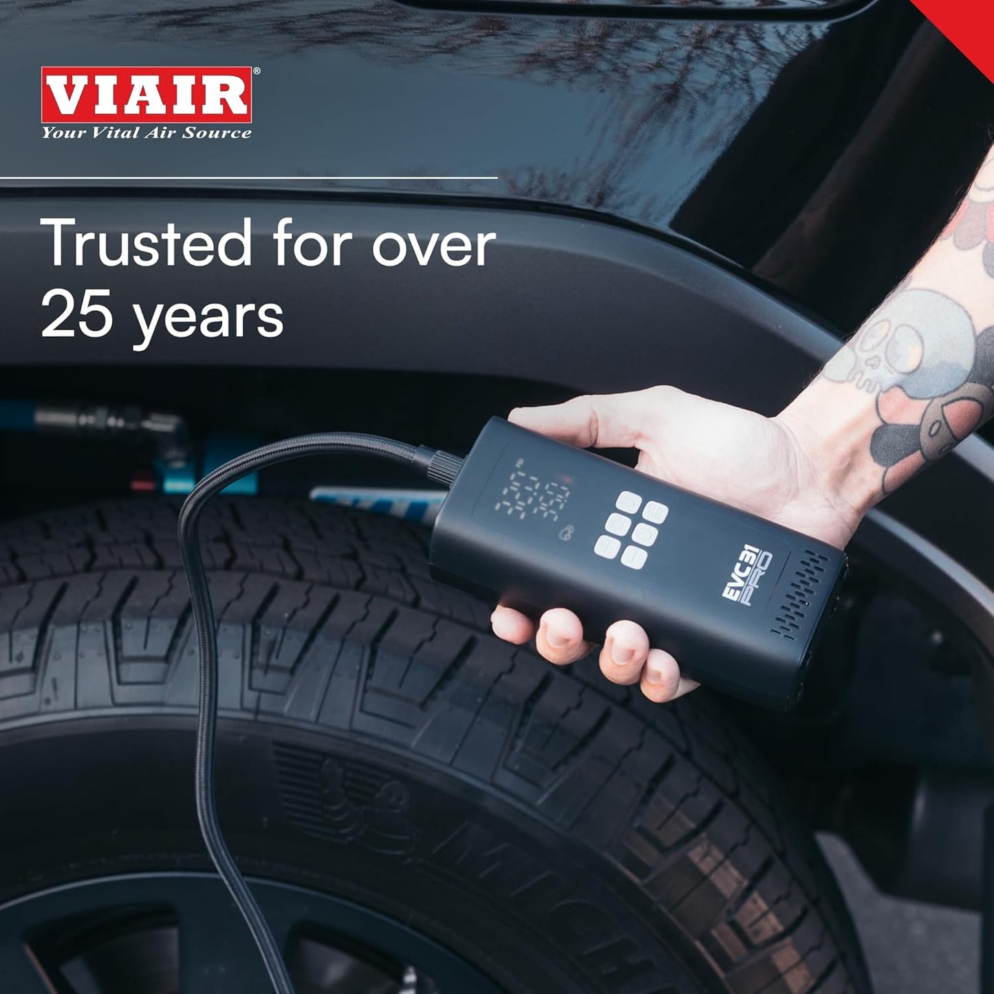 Viair Every Vehicle Carry EVC31 PRO - rechargeable, portable air compressor, dual power source, LED gauge w/preset - Tire Inflator Ideal for LT truck & suv's, cars, motorcycles, & E-bikes