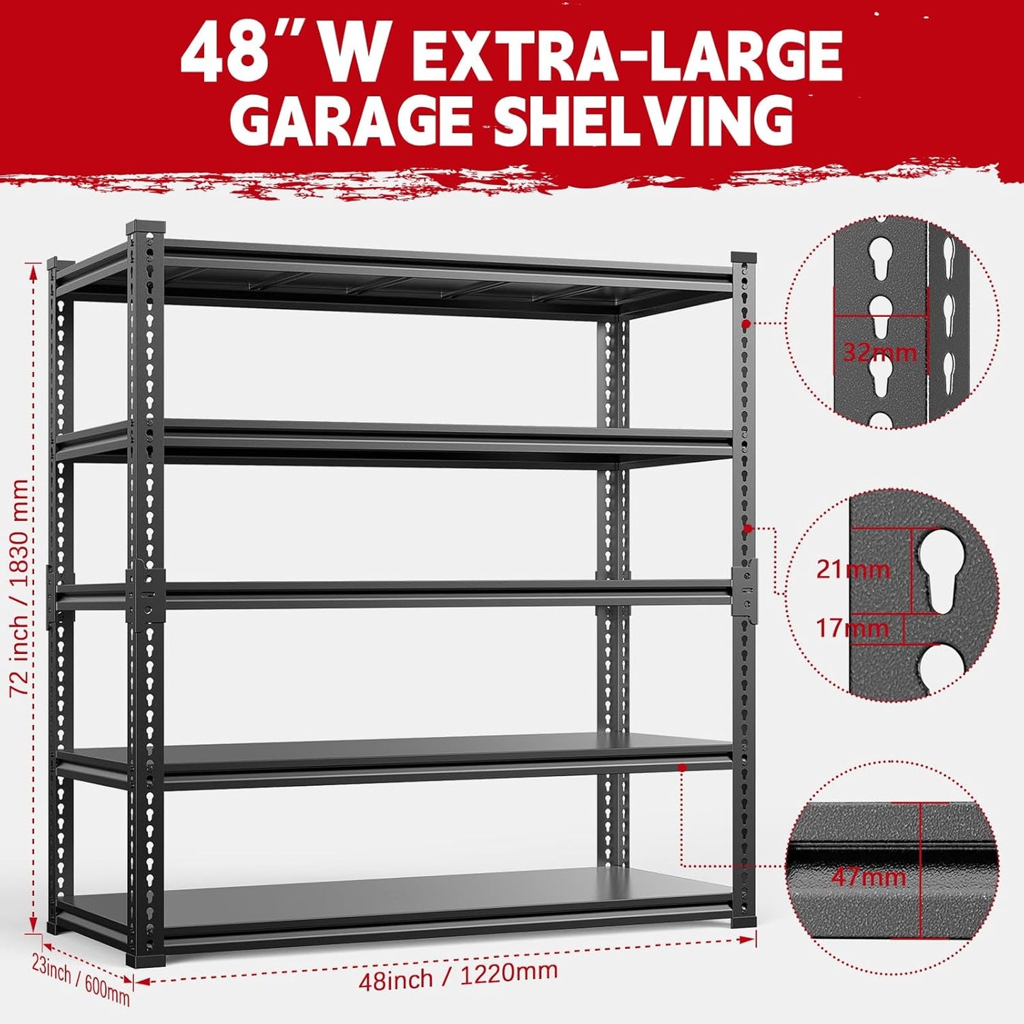 Garage Shelving, 48" Wide 5-Tier 3000lbs, Boltless Assembly, Adjustable Large Garage Storage Shelves, 48" W x 24" D x 72" H Heavy Duty Storage Rack