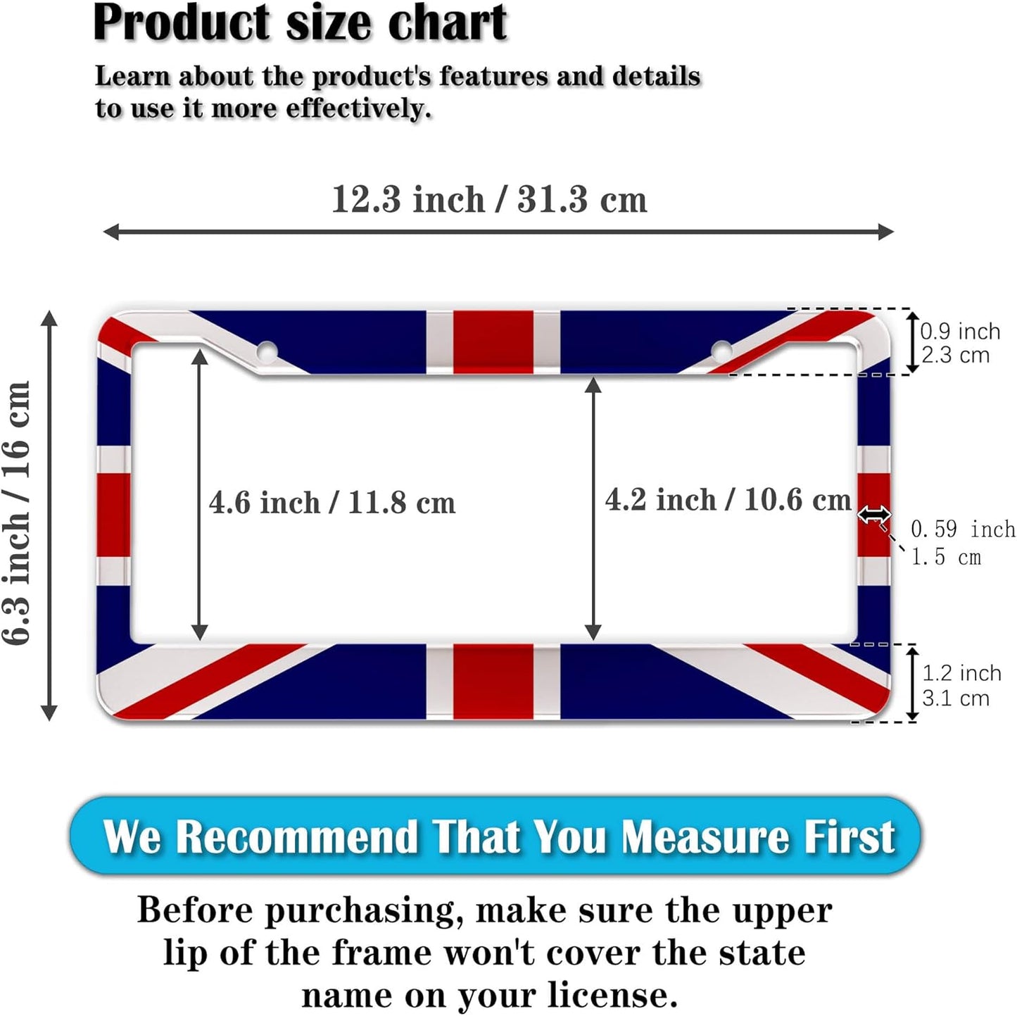 License Plate Frames Multicolor Automotive Exterior Accessories British Flag England Flags Universal Aluminum Car Accessory 2 Pack with Screw Covers Set