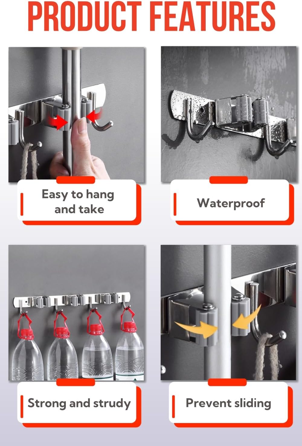 Mop and Broom Holder Wall Mount, Upgraded Broom Hanger Wall Mount, Stainless Steel Broom Organizer for Closet Garage Laundry Room Kitchen Wall Decor(3Racks 4Hooks Silver)