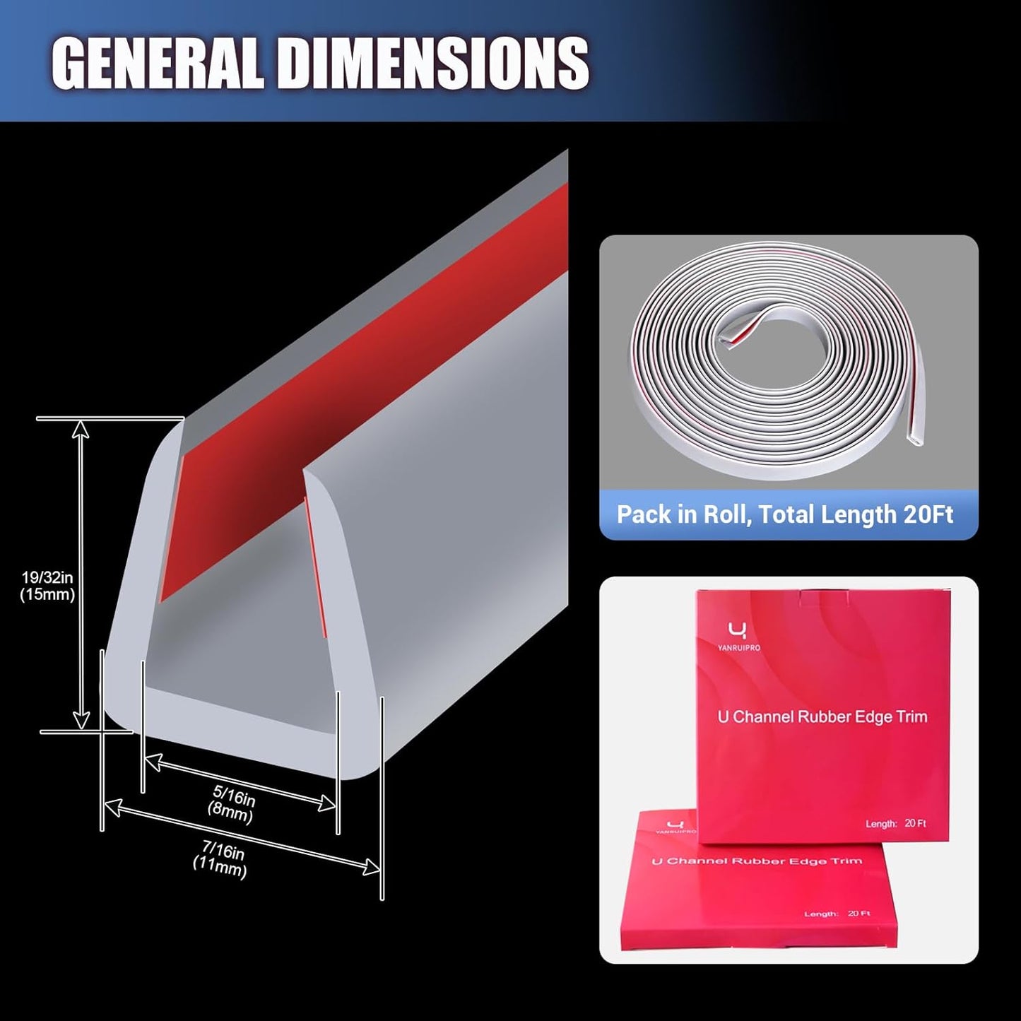 Rubber Edge Trim, Flexible Edge Trim for Sharp Edge, 5/16"(8.0mm) U Channel Edge Protector, Self Adhesive Edge Guards for Plywood, Glass, Flexiglass and Sheet Metal Parts, 20Ft, Grey Color