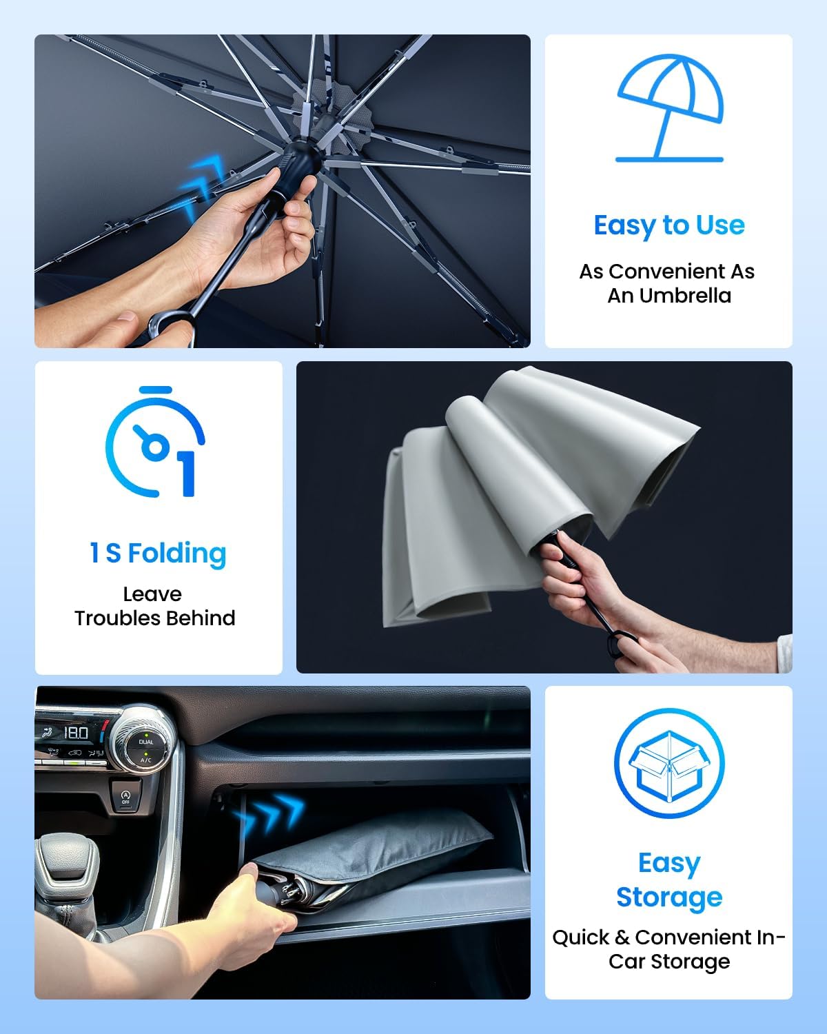 REEVAA 2025 Upgraded Car Windshield Sun Shade Umbrella [100% Sun Protection & Keep Cool] Protect Interior, 360° Flex Handle Sun Shield Sunshade, Small (53''x29'') for Sedans