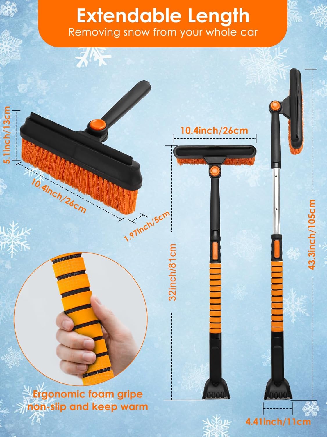 90° Fixed Rotation 3-in-1 Car Snow Brush and Ice Scraper for Cars Windshield with Silicone Squeegee Ergonomic Aluminum Foam Grip Handle 43.3" Extendable for Car Truck SUV Home Winter Snow Removal