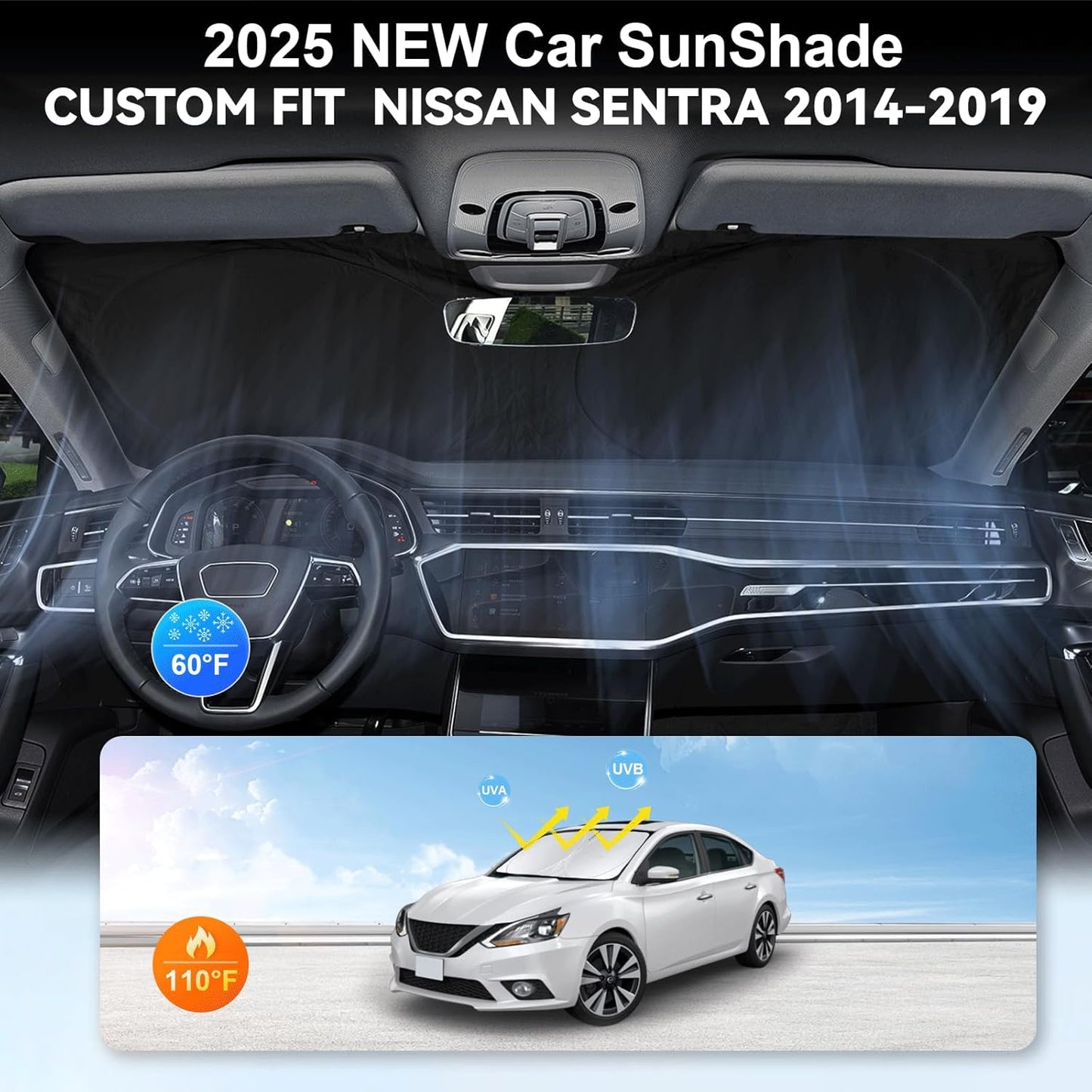 Custom Fit Sentra Windshield Sunshade for Nissan Sentra S, SV, SR, Sedan Accessories 2014-2019 Front Window Car Sun Shades Shield Cover for Windshield Foldable Sun Visor Protector Blocks UV Rays