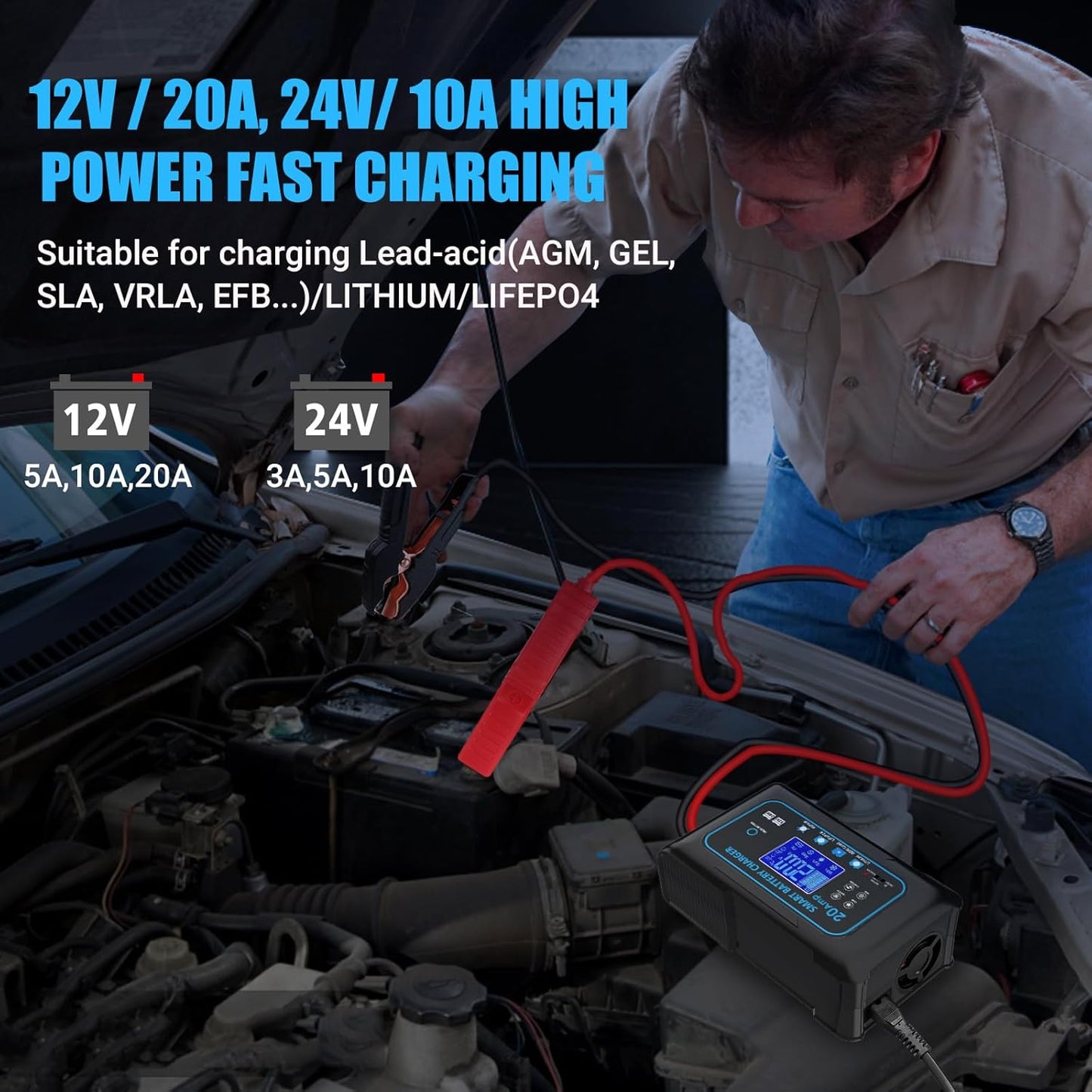 20-AMP Car Battery Charger, 12V 20A and 24V 10A Smart Automotive Charger, Battery Maintainer, Trickle Charger for Car, Motorcycle, Boat, Lead-Acid, Lithium, LiFePo4 Battery