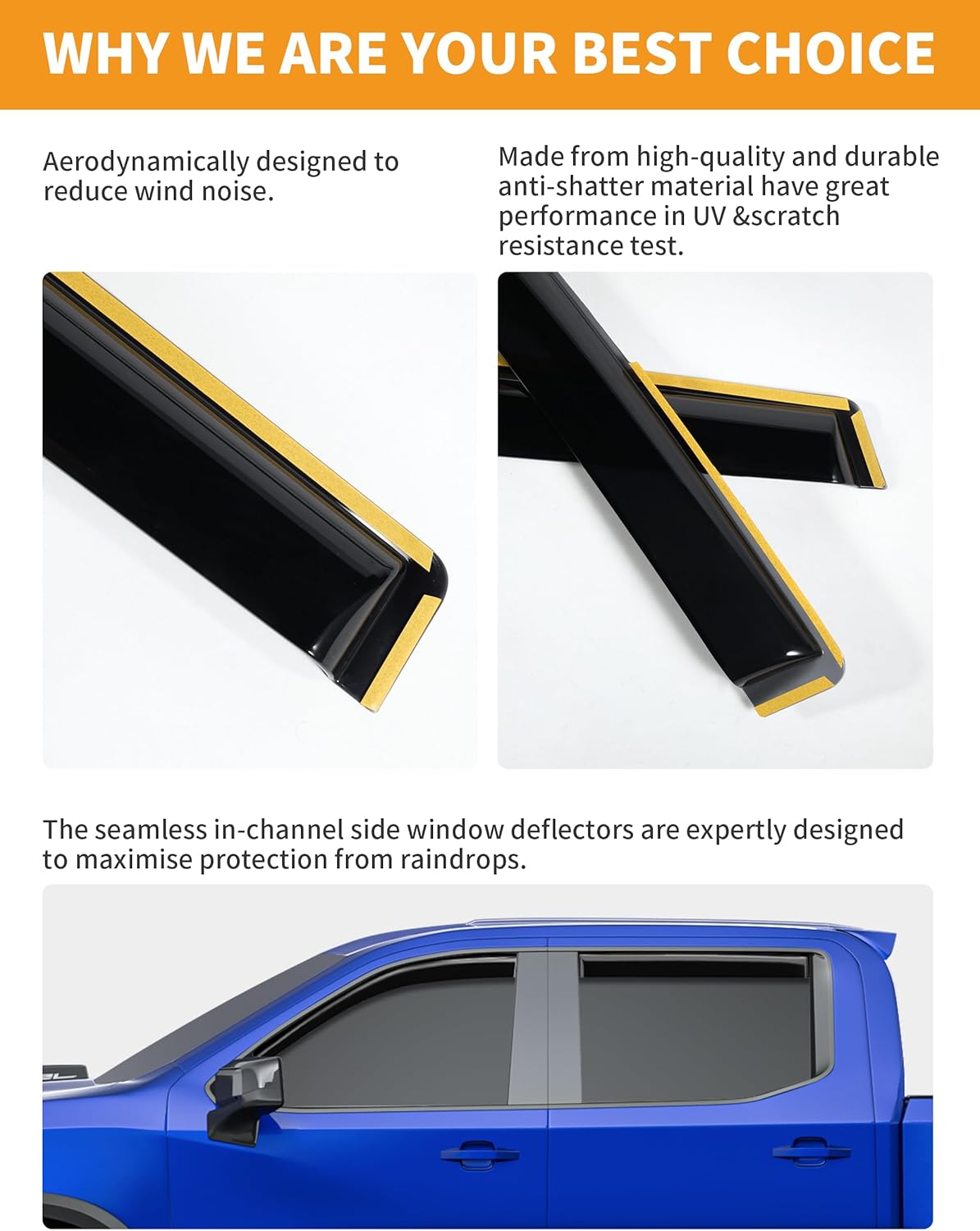 in-Channel Window Rain Guards Fit for Truck Chevy Silverado/GMC Sierra 1500 2019-2025 Crew Cab Extra Durable Window Deflectors Vent Visors Shades Exterior Car Accessories Visors Rain Guards