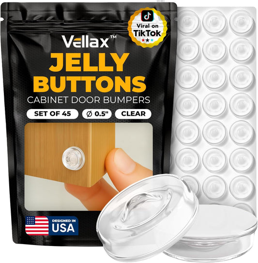 45 Clear Silicone Cabinet Door Bumpers – Self-Adhesive Pads, Quiet Soft Close Drawer Stoppers, Kitchen Sound Dampening Jelly Buttons – Vellax