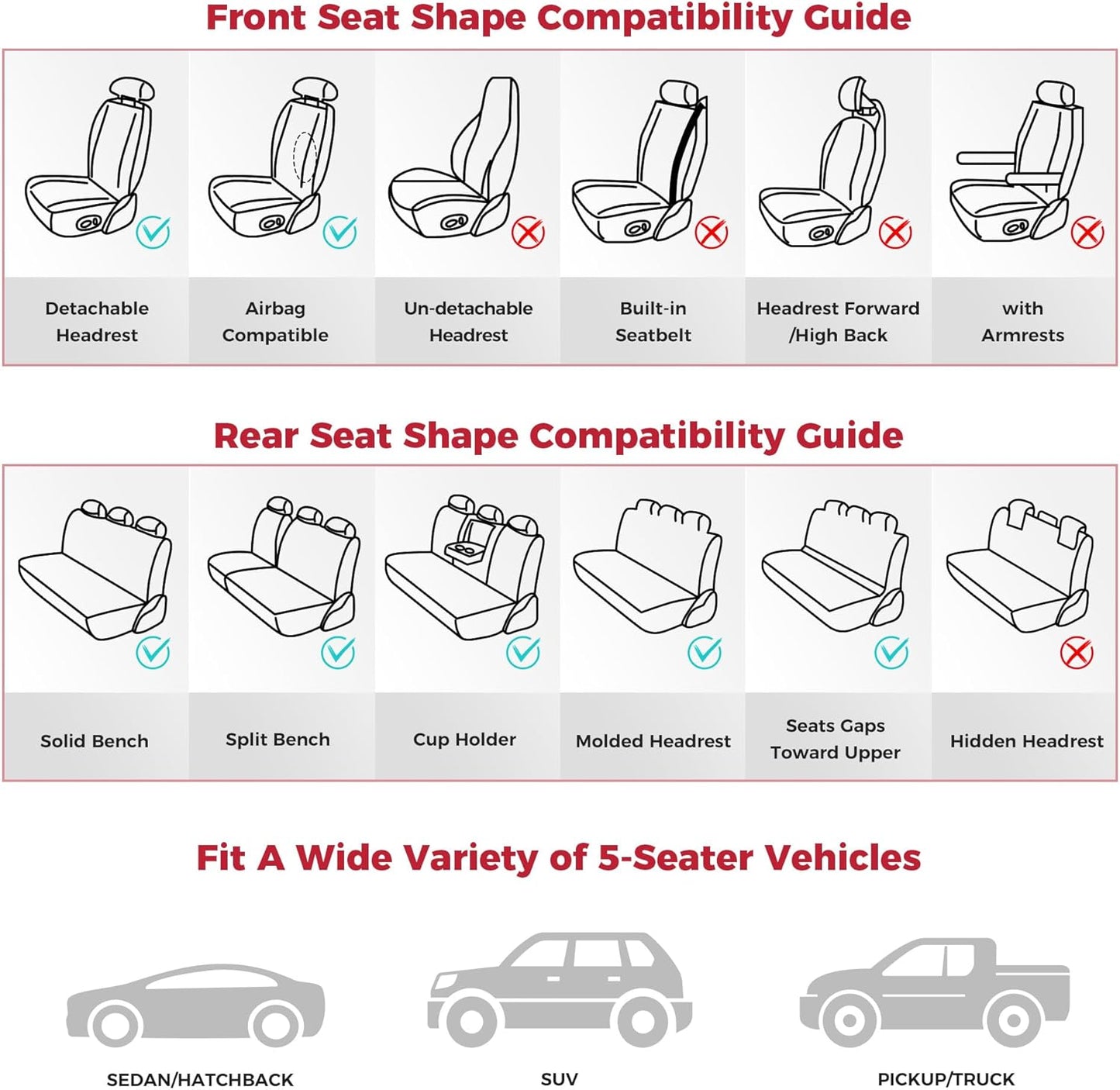 Wine Red Car Seat Covers Full Set - Waterproof Leather Car Seat Protector Universal Fit Colorado Equinox Malibu Blazer Trailblazer Trax