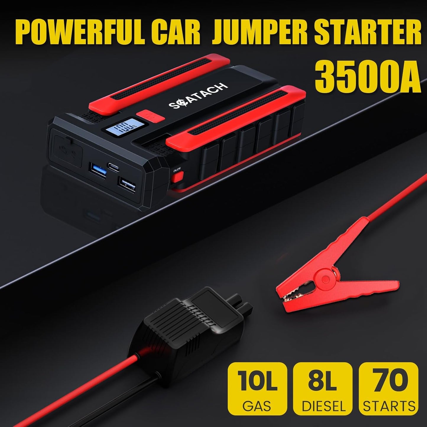 Scatach 002 3500A Car Battery Jump Starter,12V Jump Starter Battery Pack (up to 10.0L Gasoline and 8.0L Diesel Engine),12V Portable Jump Box with LED Display, 3 Modes Flashlight and Jumper Cable