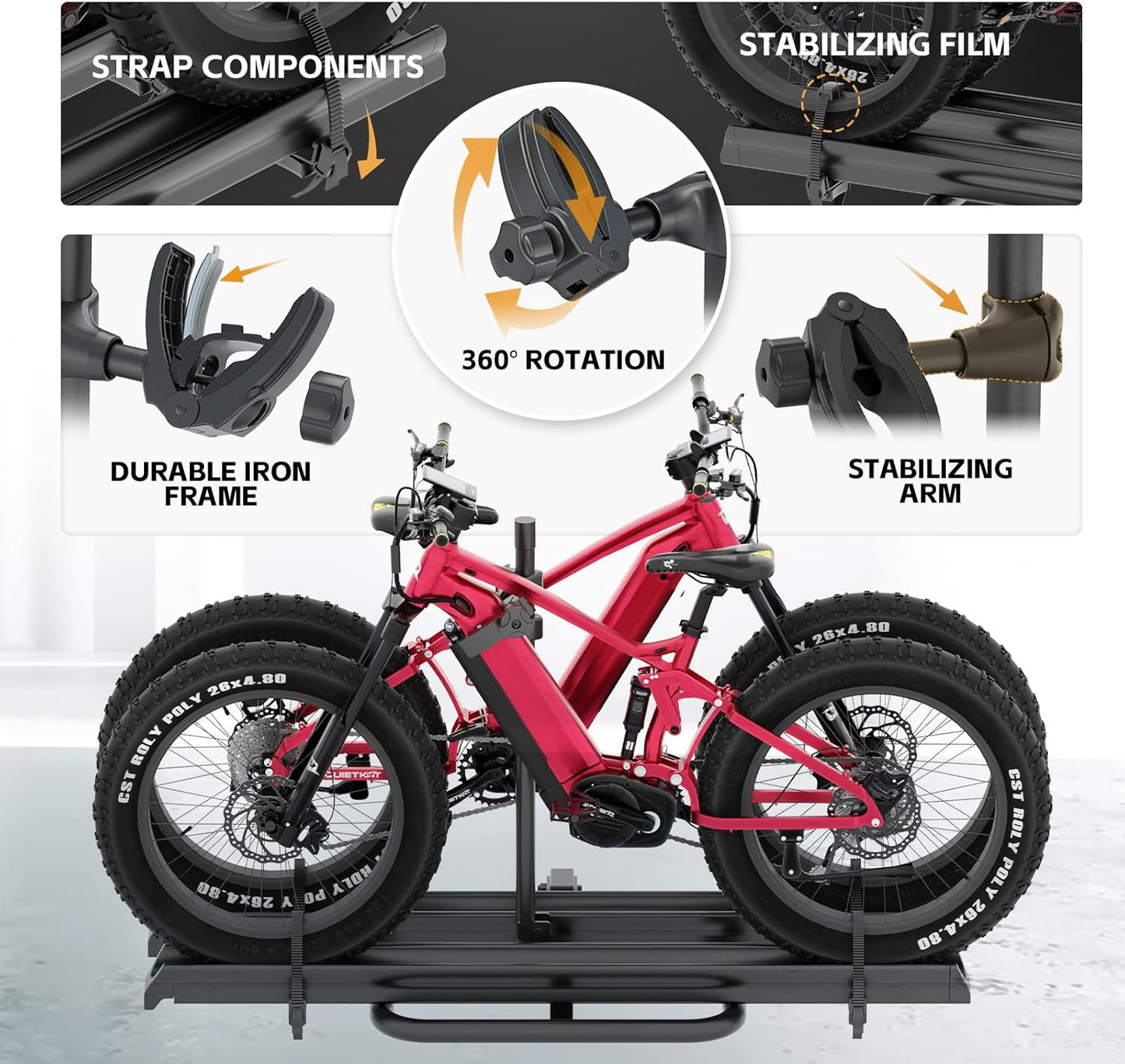 200 LBS Capacity 2 EBike Rack with Cross Bar, 5" Fat Tire Carrier with Ramp, Lockable & Foldable Electric Bicycle Racks, Bike Racks Platform Fits 2" Standard Hitch for SUVs Cars Trucks Vans