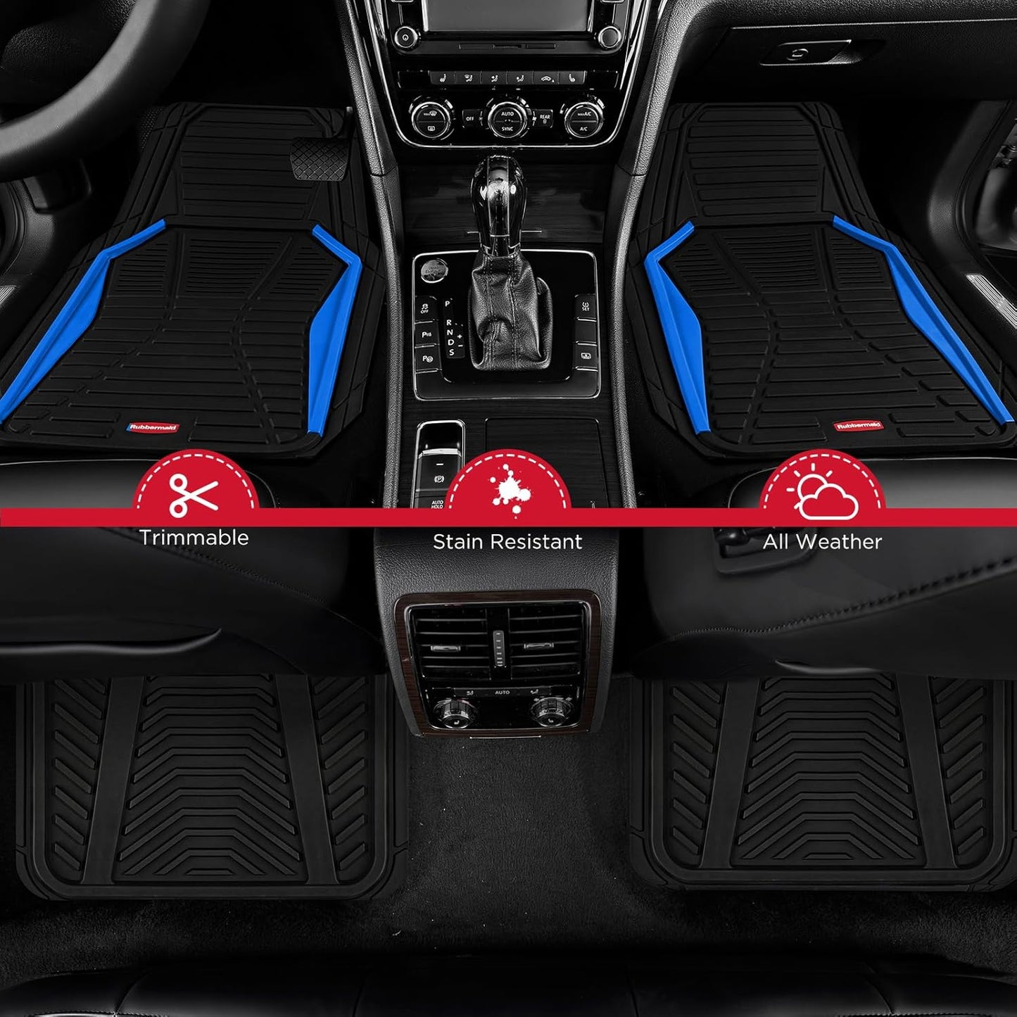 Rubbermaid Car Mat Full Set All-Weather Heavy-Duty 4 Pieces– Trim-to-Fit Universal Car Mats Full Set – Waterproof Rubber Floor Liners for Most Trucks, SUVs, Vans, and Sedans-Blue