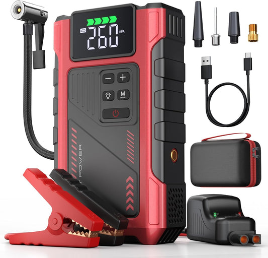 4000A Car Jump Starter with Air Compressor, Portable Charger Jumpstart 12V Vehicle, Power Pack with 150PSI Tire Inflator for 9.0L Gas/7.5L Diesel Engines Jump Box with Light and Jumper Cable