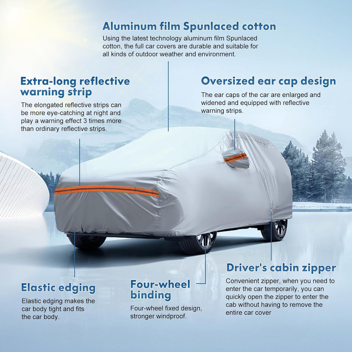 KEYOOG Car Cover, Fit for 213"-237" Length Pickup Truck, 6-Layer All-Weather Waterproof, Universal in All Seasons, Snow Prevention, Rainproof, Acid Rainproof, Sunscreen, Orange Reflective Strip