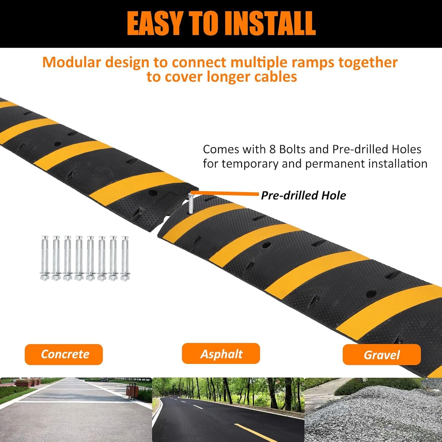 6 Ft Rubber Speed Bump, 2 Pack 2 Channel Modular Heavy Duty Speed Bumps Humps 25000 lbs Load Capacity, Cable Protector Ramp for Asphalt Concrete Gravel Driveway Road