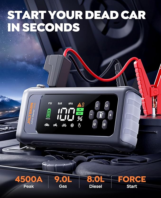 Car Battery Jump Starter with Air Compressor 4500A 150PSI, Car Jumper Starter Portable (9L Gas/8L Diesel), Jump Box Car Battery with Auto-Shutoff Tire Inflator, Jumper Cables and Light