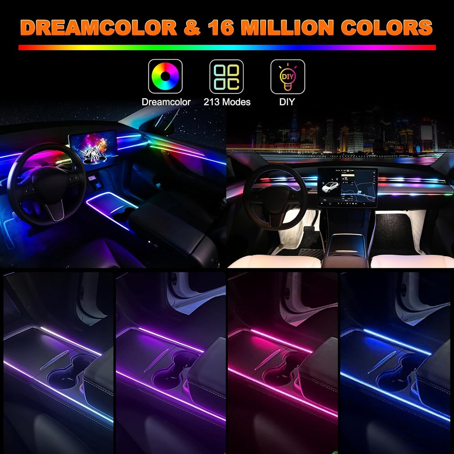 Interior Car LED Strip Lights, Acrylic LED Lights for Car with Dynamic Dreamcolor Chasing, Ambient Lighting Kits Music Sync Wireless APP and RF Remote Control (43.5+14.5'')