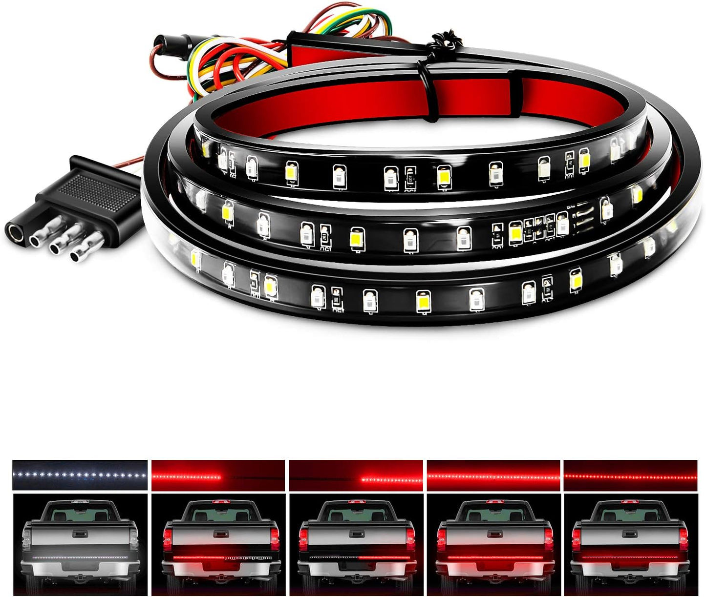 Nilight 48”/49” LED Tailgate Light Strip 90 LED Red/White for Running Light Brake / Turn Signal / Reverse Light，2 Years Warranty