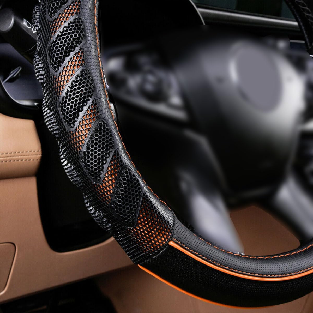 Flying Banner car Steering Wheel Cover Faux Leather Massage Universal fit 3D Honeycomb Hole Anti-Slip Sporty 15 Inches (Orange Black)
