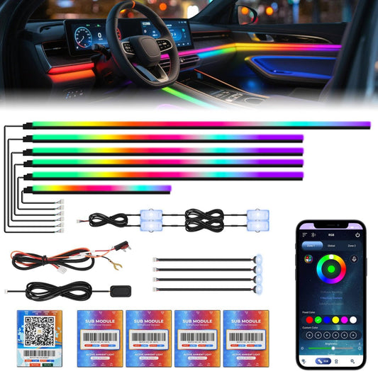 New Version Acrylic Car Dreamcolor Ambient Lighting Kit 14 in 1 LED Interior Car Strip Lights APP Control Zoned Control System 252 Color Modes DIY Neon Wireless Sound Activated RGB Light Bar