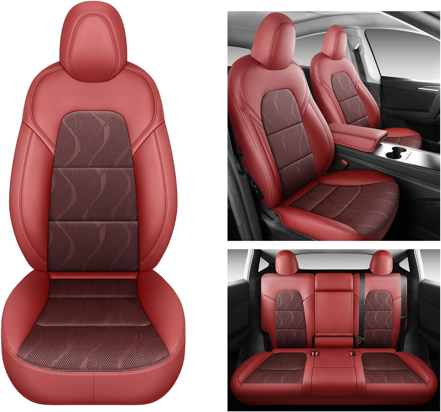 Tesla Model Y Seat Cover Full Set, Faux Leather Tesla Car Seat Cover, Perfect Suitable for Tesla Model Y 2020 2021 2022 2023 2024 2025 (Wine Red)