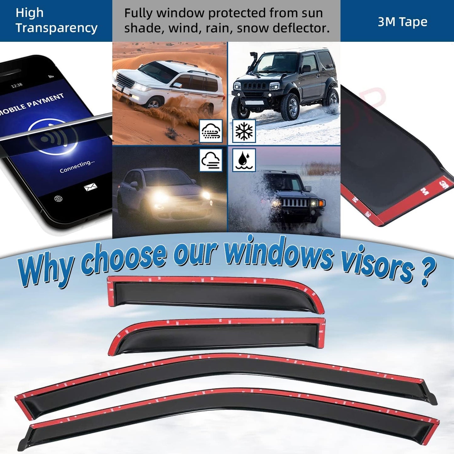 4pcs Window Visors Compatible with 2015-2024 F150/ F250/F350/F450/F550 Super Duty Extended (Super) Cab with Half Size Rear Doors Front+Rear Smoke Tint Sun/Rain Guard Outside Mount Tape-On Vent