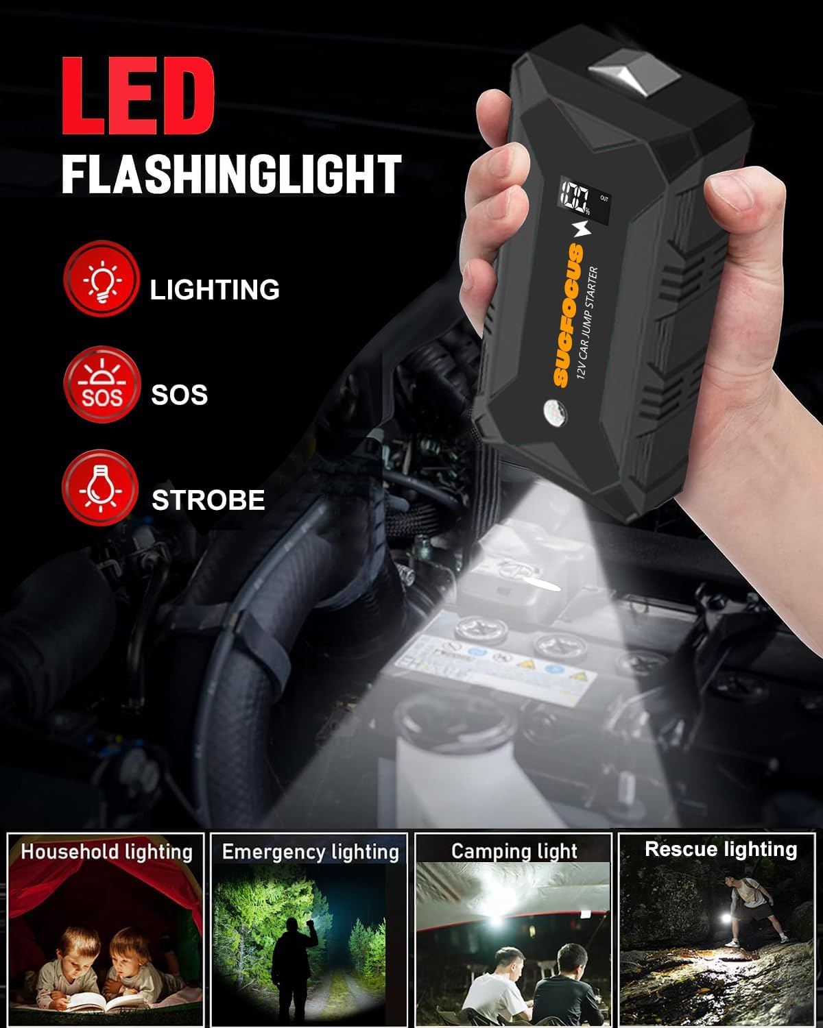 Jump Starter, 2500A Battery Jumper Starter Portable (for 8.0L Gas or 6.5L Diesel Engine), Car Battery Jump Starter, Jump Box, Jump Start Battery Pack with Jumper Cable, LED Light, USB QC3.0 (Black)